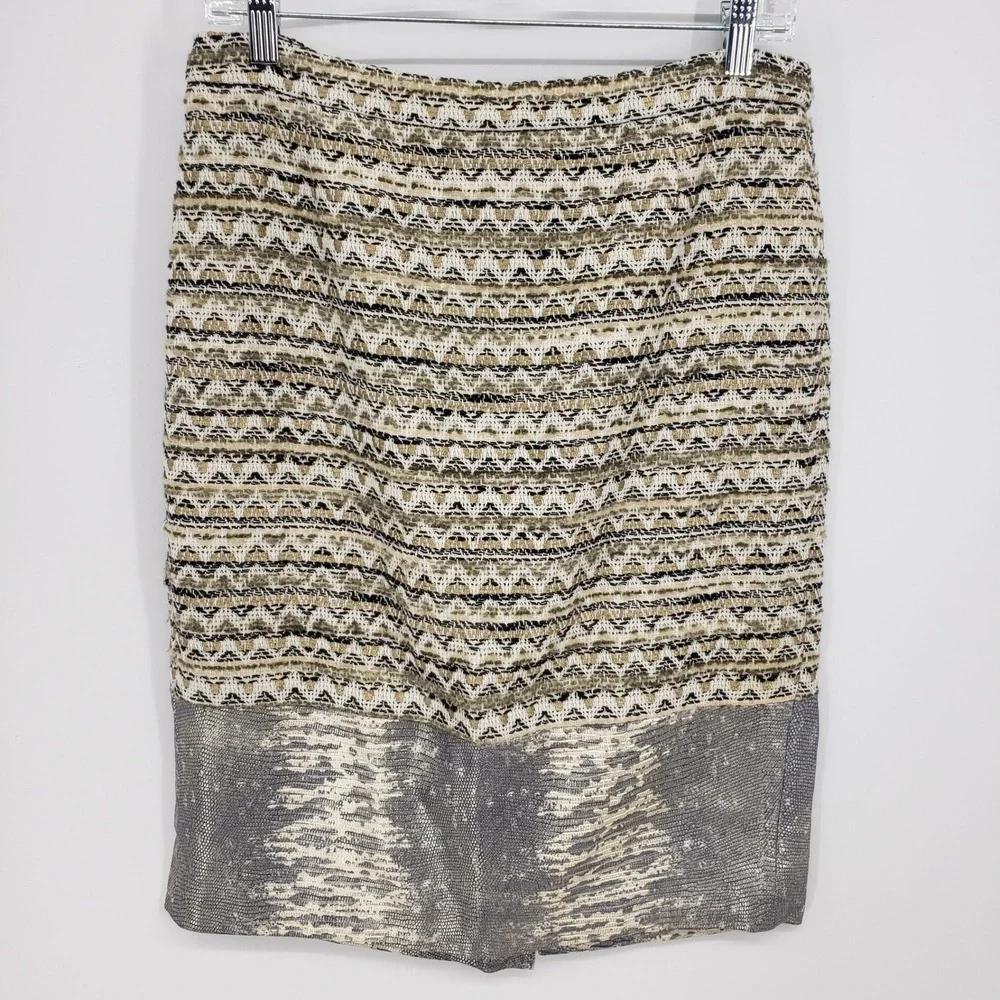 Tory Burch Metallic Tweed Snakeskin Leather Trim Pencil Skirt Women Size 6 Gold